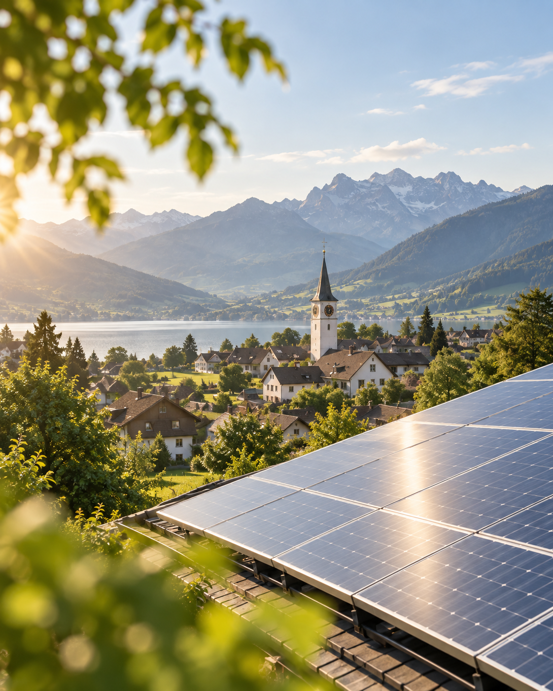 Symbolbild einer Schweizer Ortschaft mit See, Bergen und Photovoltaik im Vordergrund.